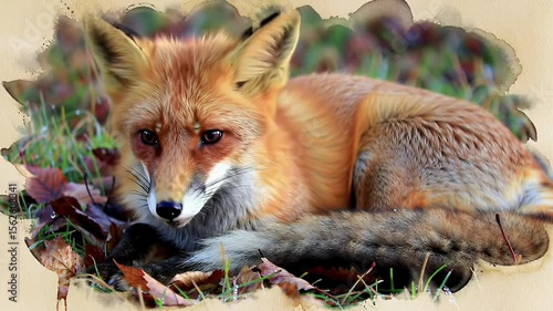 Resting Red Fox Illustration In Autumn Foliage And Watercolor Effects