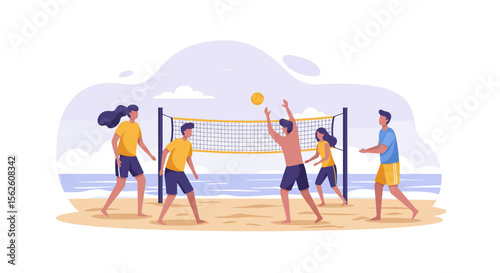 Beach Volleyball Fun: Friends Playing on Sandy Shoreline Vector Illustration.