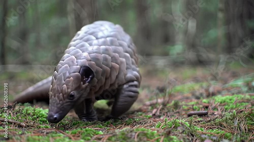 Scaly Pangolin Walking on Mossy Ground in Green Forest Wildlife Detailed Close Up