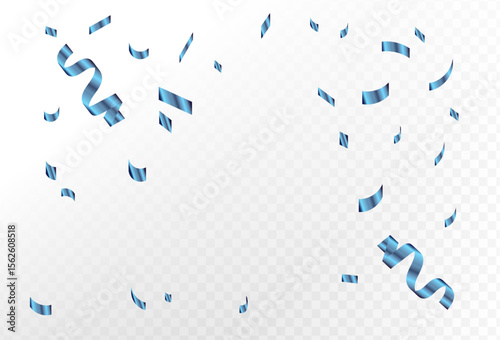 blue confetti and ribbon streamers falling on a transparent background. blurred. Big and small,abstract frame,Vector.	