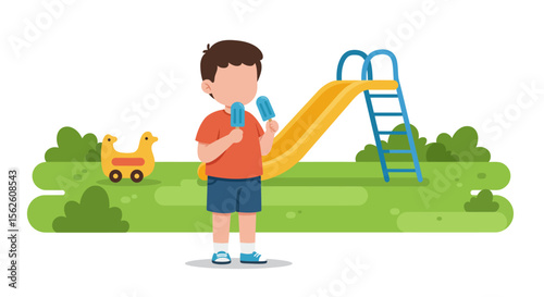 Child with Popsicles at Playground Flat Design Summer Day.