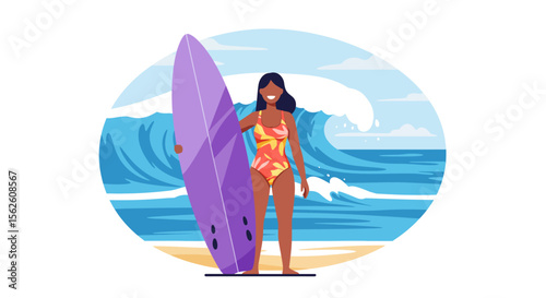 Smiling Surfer Girl with Purple Surfboard Beach Scene Illustration.