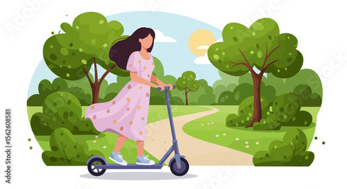 Girl on Scooter in Park: Sunny Day Leisurely Ride Pink Dress.