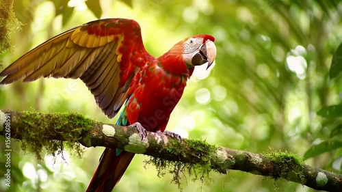 Scarlet Macaw Perched on Branch in a Sunlight Forest With Red Feathers