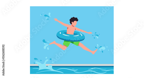 Joyful Boy Leaps into Pool with Inflatable Ring Summer Fun Illustrated.