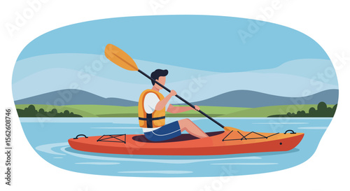 Man Kayaking on a Serene Lakeside Landscape Flat Design.