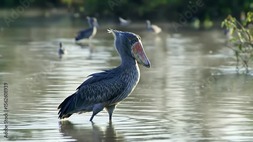 Shoebill Stork in Calm Water with Soft Light and Reflections