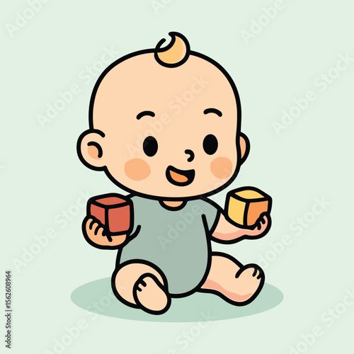 Baby Playing with Cubes – Cute Kawaii Cartoon Vector for Nursery, Toys, and Kids’ Theme