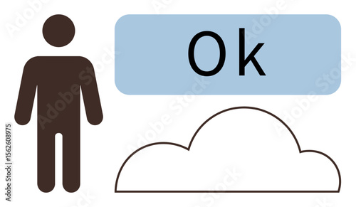 Minimal design of a person figure, white cloud outline, and Ok in blue box. Ideal for cloud computing, user approval, decision-making, support, simplicity agreement interactive content. Simple flat