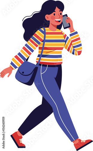 Woman walking and talking on phone wearing striped sweater with crossbody bag and red shoes