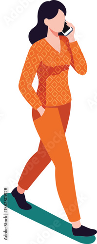 Woman walking and talking on phone wearing orange outfit casual style isolated on white background 