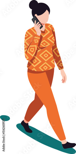 Woman walking and talking on phone in orange outfit with geometric pattern casual style 