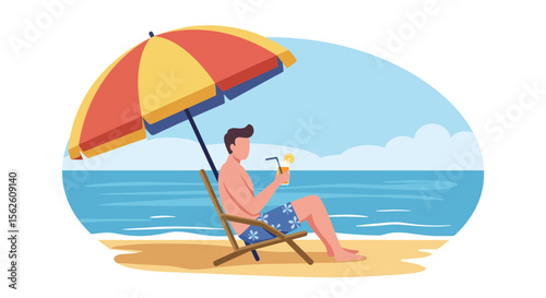 Relaxing Beach Scene: Man Under Umbrella with Drink Summer Vacation Illustration.
