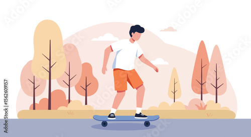 Skateboarder in Autumn Park: Flat Vector Illustration with Pastel Colors.