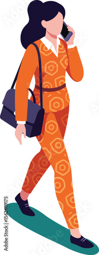 Woman walking and talking on phone in orange outfit with bag casual urban style illustration 