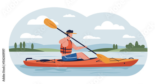 Serene Kayaking Adventure: Man Paddling Kayak on Calm River with Scenic Landscape.