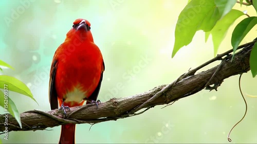 Striking Red Bird Sits on a Twisted Branch Amidst Soft Green Foliage in Daylight