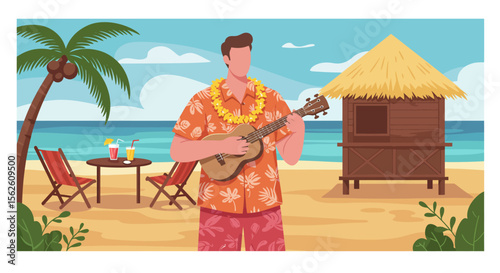 Tropical Ukulele Serenade: Man Plays Ukulele on Idyllic Beach.