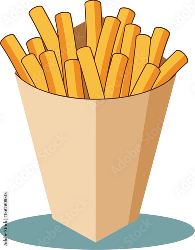 French fries in a beige paper container isolated on white background with shadow 