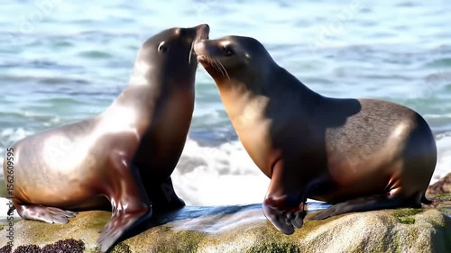 Two Brown Sea Lions Relaxing on Rocks Near the Ocean in the Bright Sunlight