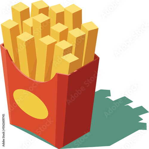 Box of golden yellow french fries casting shadow on white background in minimal style 