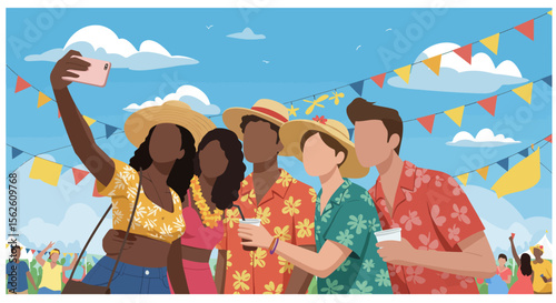 Diverse Group Taking Selfie at Summer Festival Colorful Hawaiian Shirts Sunny Day.