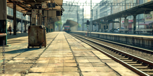 Suitcase on Train Platform with Distant Train