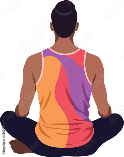 Woman practicing seated meditation with colorful top in calm yoga posture on white background 