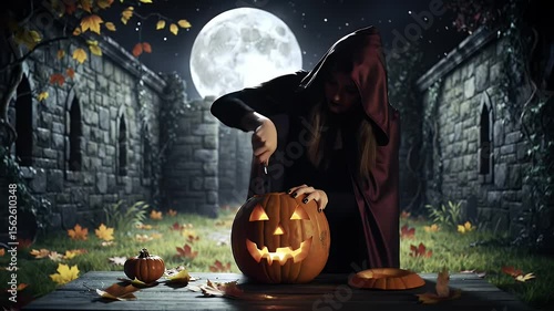 Woman in Cloak Carving Jack O Lantern Under Full Moon At Stone Building
