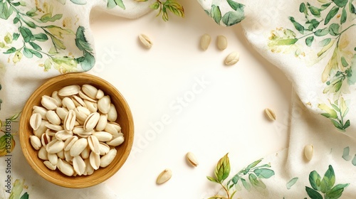 Pistachios in a bowl on a light tablecloth