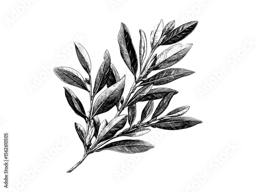 Olive branches, botanical illustration, vintage engraving, hand-drawn olive tree leaves, Mediterranean print, eco-friendly art, rustic woodland decor, black sketch, nature wall art