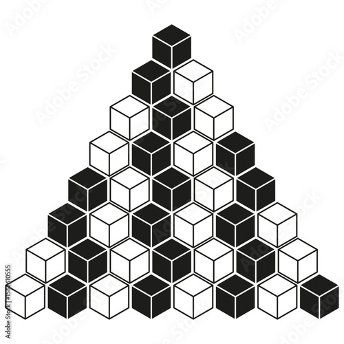Geometric cube pyramid. Abstract block structure. Stacked dimensional shapes. Monochrome illustration.