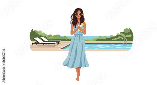 Elegant Woman with Cocktail by Poolside: Summer Relaxation Illustration.