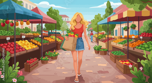 Vibrant Summer Market: Woman with Fresh Produce Sunny Day Illustration.