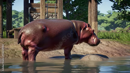 African Hippopotamus Standing in Shallow Water near Lush Green Foliage and Wooden Structure