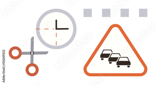 Scissors cutting through a clock, triangle sign with cars representing traffic, and segmented squares signify managing time, reducing delays, and efficiency. Ideal for planning, organization