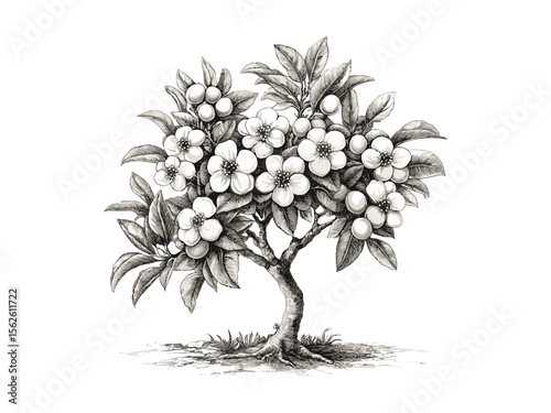 Peach tree vintage engraving, botanical art, spring blossoms, retro fruit decor, black hand-drawn sketch, eco-conscious print, antique botanical illustration, farmhouse style wall decor