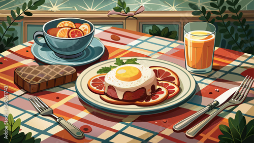 In a vintage-inspired room, corned beef hash with poached egg is served on patterned china, the fork resting on a linen napkin beside a tall glass of fresh grapefruit juice.