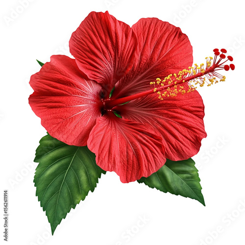 Vibrant red hibiscus bloom with green leaves, isolated on a clean white background