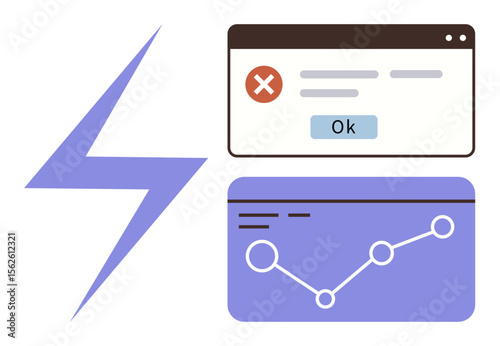 Error notification popup with Ok button, data graph with connected points, purple lightning bolt. Ideal for technology, analytics, cyber issues, performance, troubleshooting, risk IT processes