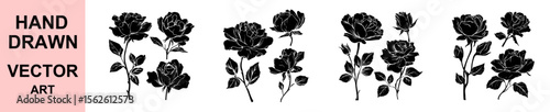 Black silhouette rose flower hand drawn vector illustration, elegant floral design for tattoos, wedding elements, botanical art prints, logos, stickers, and digital projects