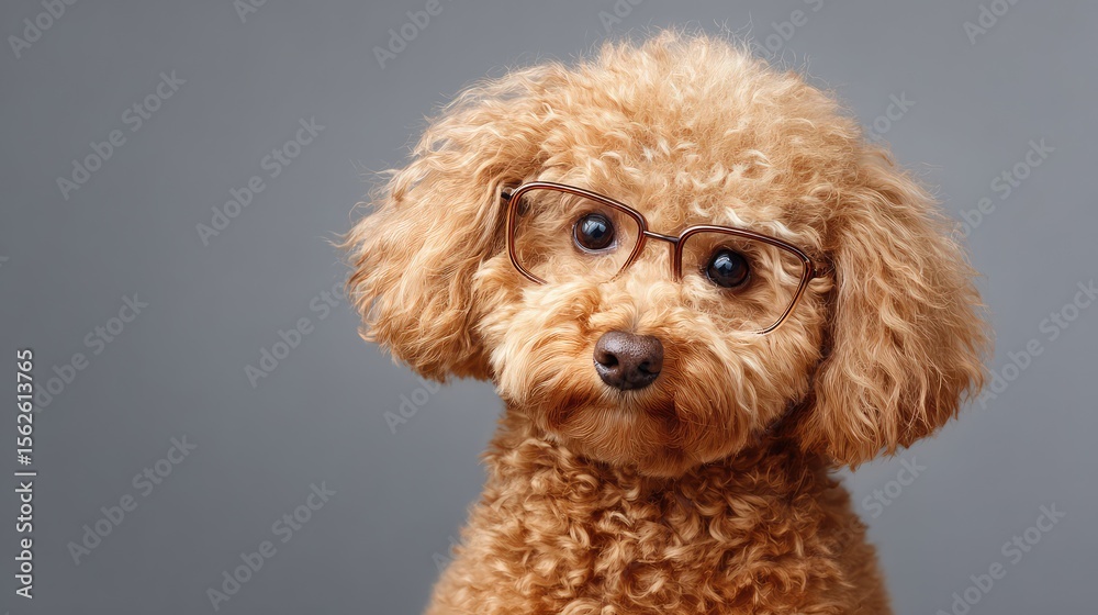 Adorable dog sporting square glasses sitting quietly on a gray backdrop with soft shadows and blank space Adorable dog sporting square glasses sitting quietly on a gray backdrop with soft shadows and blank space