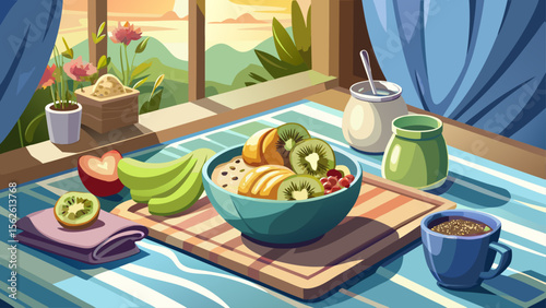 A minimalist breakfast tray near a window features smoothie bowl topped with kiwi, banana, and chia seeds, surrounded by a soft throw blanket and natural light.