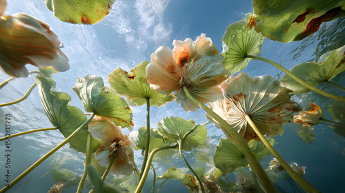 4k underwater upward shot of lotus leaves and sky background