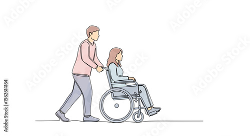 Person pushing wheelchair with another person – one-line doodle drawing with watercolor fill, minimal vector on white