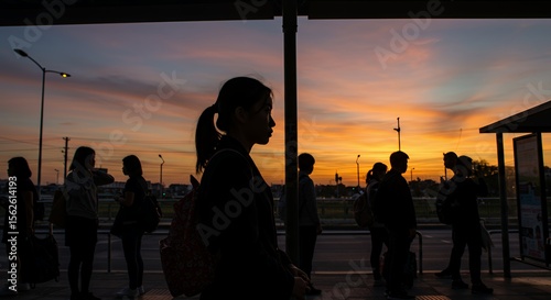 Silhouetted figures wait patiently at a bus stop as the sun sets, casting a warm golden glow across the sky.