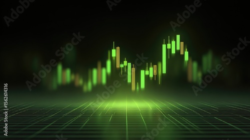 Bullish breakout graph with glowing green candles and technical signals, isolated on modern grid background