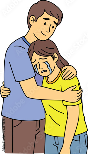 A vector cartoon illustration in a simplistic style, depicting one person offering a comforting hug to another individual who is openly weeping.