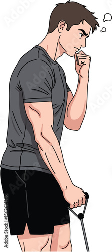 illustration of a muscular man in profile, wearing athletic wear, holding an exercise band, with a thoughtful or slightly puzzled expression.