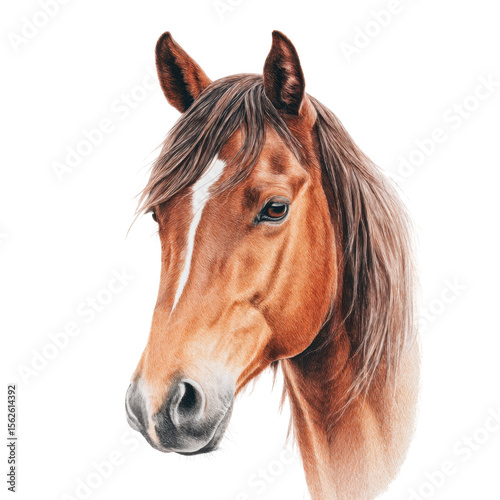 A majestic brown horse stands confidently against a plain white background. showcasing its strong features and expressive eyes. perfect for use in equine-themed projects or advertisements